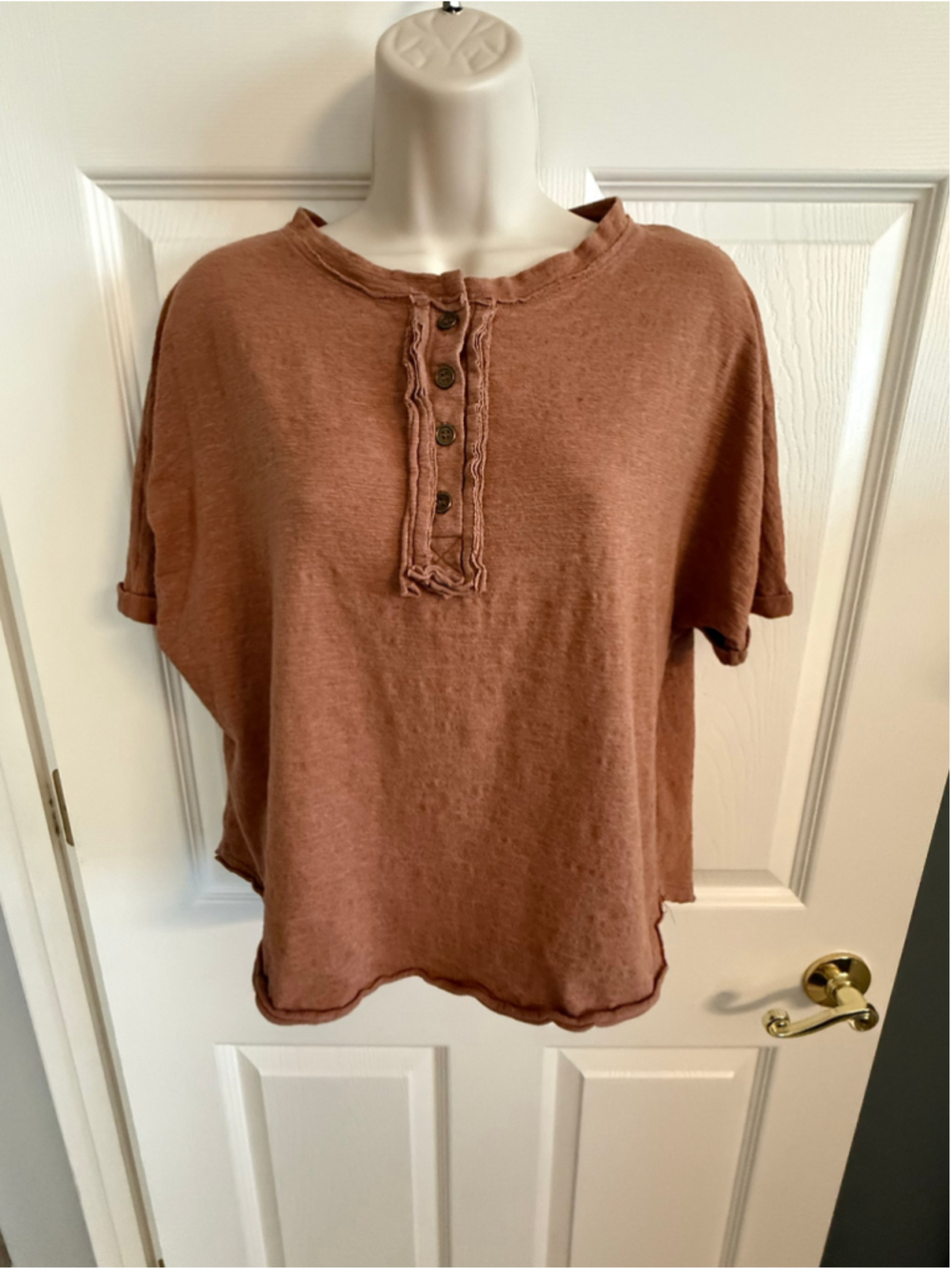 Bohme Rust Brown Henley Short Sleeve Slub Knit Top S EUC